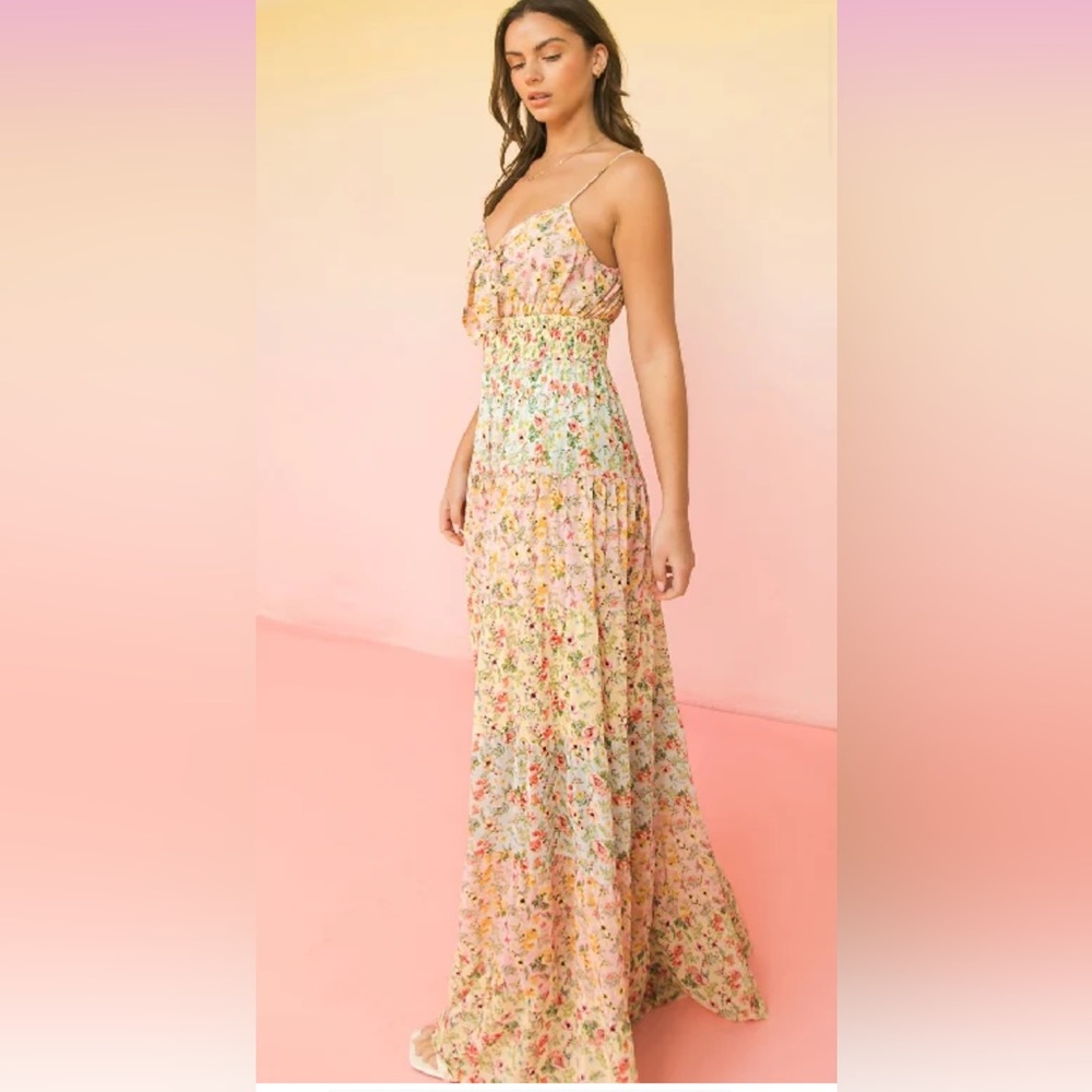 ✨NEW LIST✨ Tiny Flowers Tie Front Pastel Spaghetti Strap Maxi Dress
